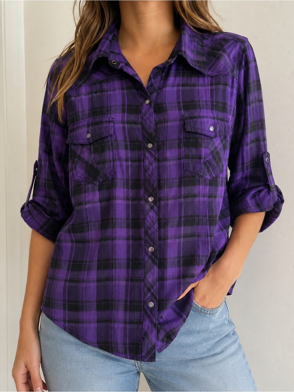 Ocean Pacific OP Purple Black Plaid Snap Front Shirt Women’s XXL 20